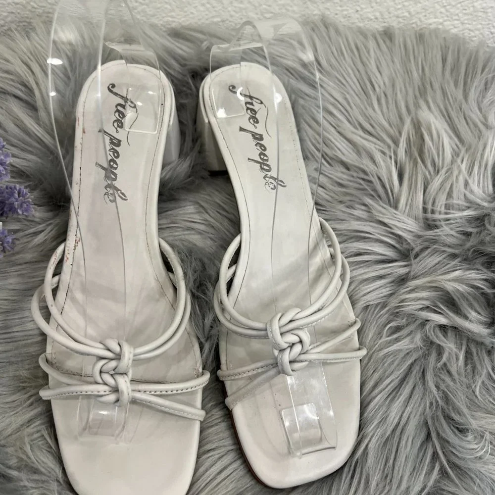 Free People‎ Petra Leather Knot Block Heel Slide Gray-White Sandals Size 9-9.5